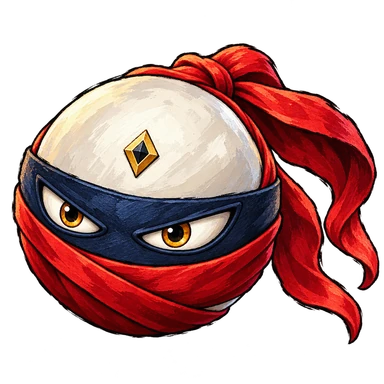 ACE, a white ninja cue ball with amber eyes, a navy headband and a flowing red scarf
