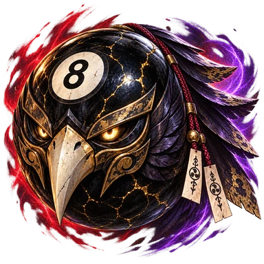 Karasu, a black number-eight raven boss with a golden beak mask and dark feathers surrounded by crimson and violet magic