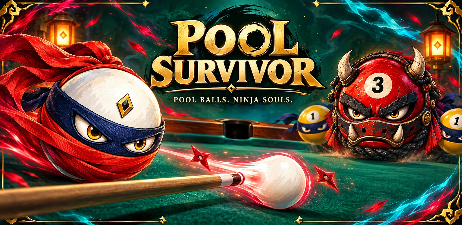 Pool Survivor key art: Ace faces a horned red Oni across a jade pool table