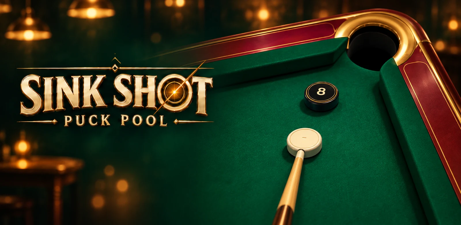 Sink Shot key art: a gold title beside a final black puck shot on an emerald pool table