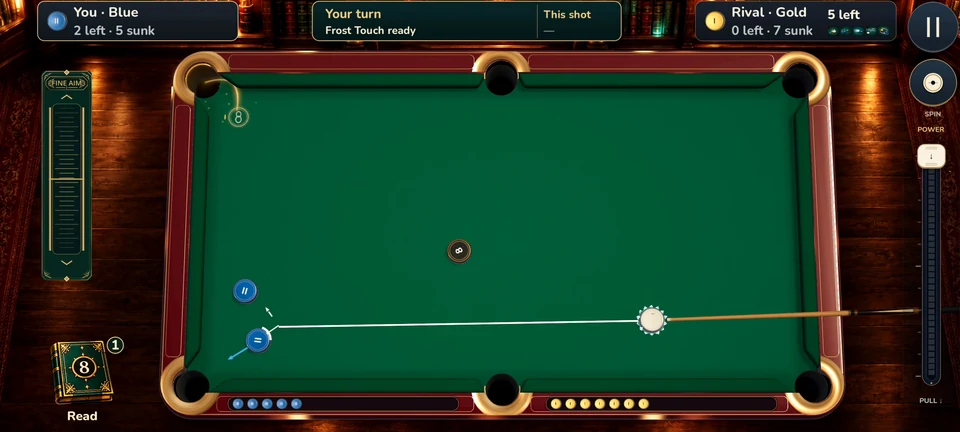 Actual Sink Shot phone gameplay: the blue player lines up a shot with Frost Touch ready on the white puck