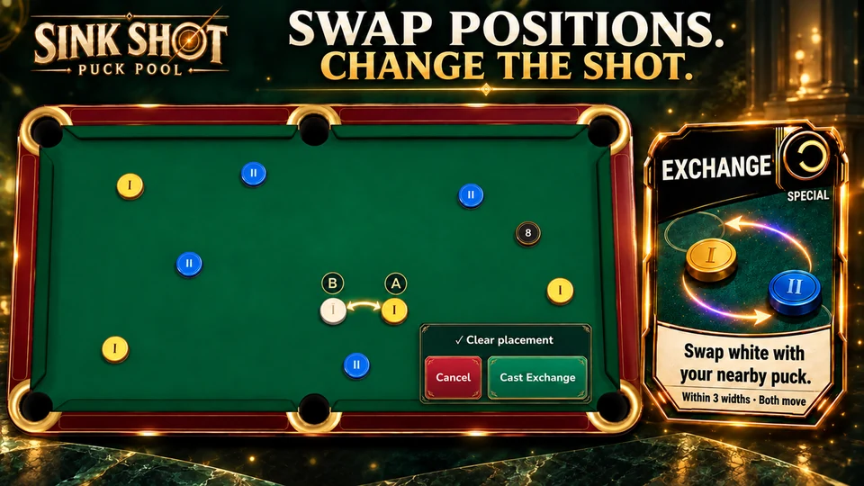 Illustrated store artwork featuring the gold Exchange card and a white puck swapping positions with an owned gold puck
