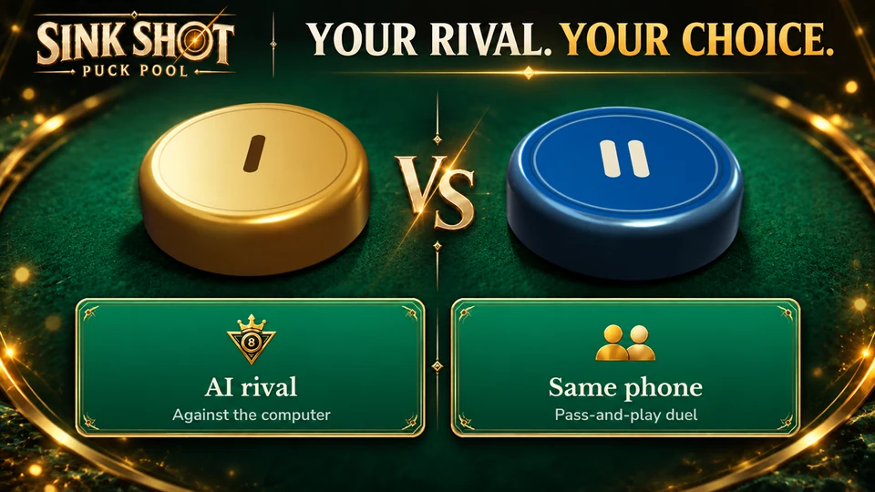 Illustrated store artwork featuring gold and blue pucks and the AI rival and same-phone opponent choices