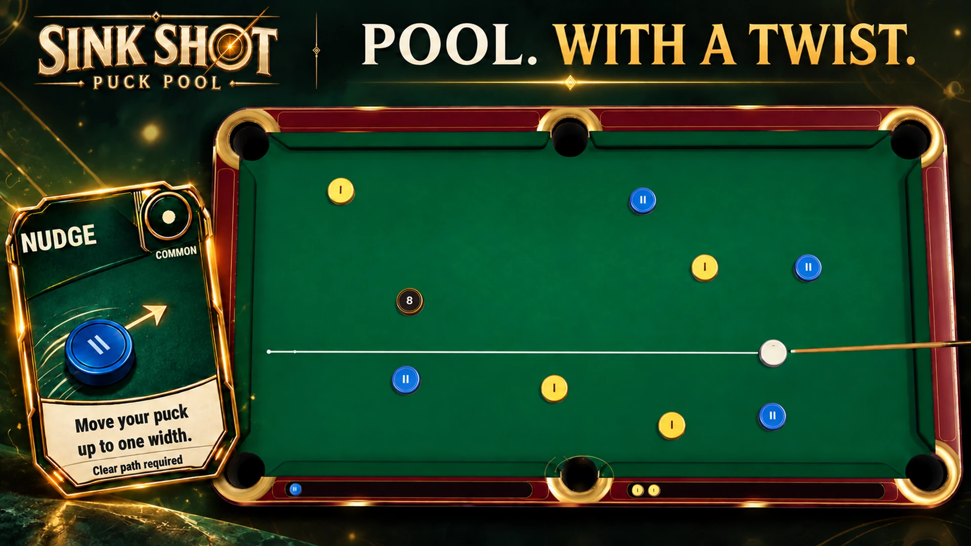 Sink Shot illustrated store artwork: Pool. With a twist. An emerald Showdown table beside a gold-framed Nudge spell card